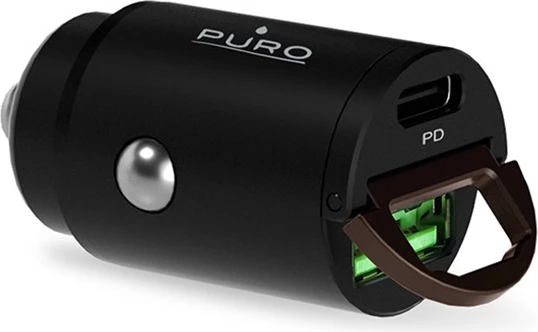 Mini hitro avto polnilec 30W, Puro, USB-C in USB-A, črn