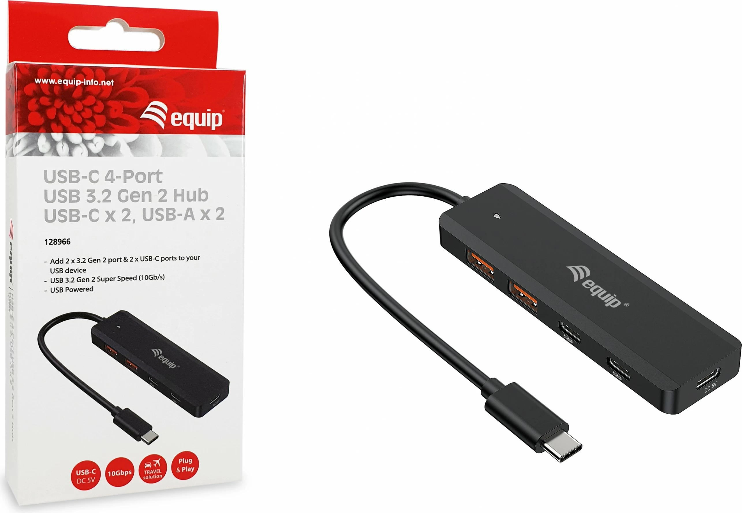 USB razdelilec Equip 128966, 4 priključki, USB-C/USB-A, 10Gbps, črn