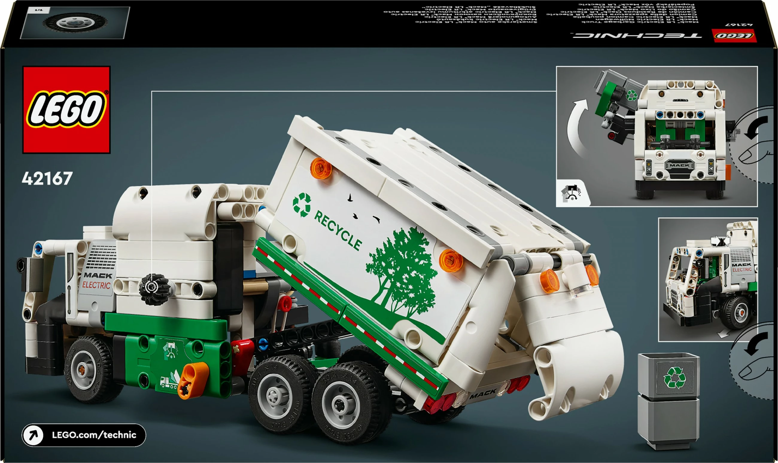 Gradbeni set LEGO Technic električni tovornjak za odvoz smeti Mack LR, 503 kosi, večbarven