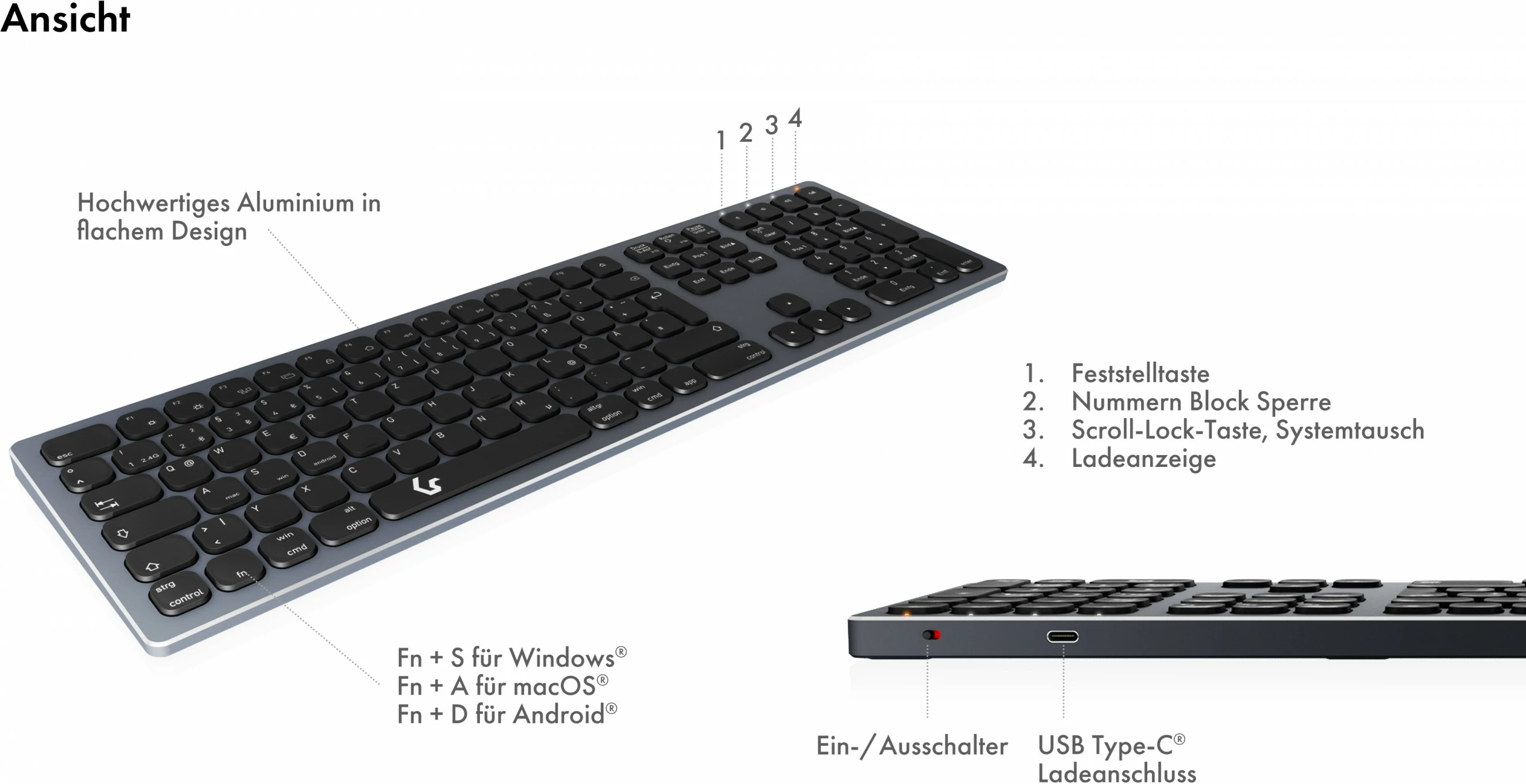 Brezilska tipkovnica full-size KeySonic KSK-8023BTRF, brezžična, Bluetooth, QWERTZ, antracit/črna