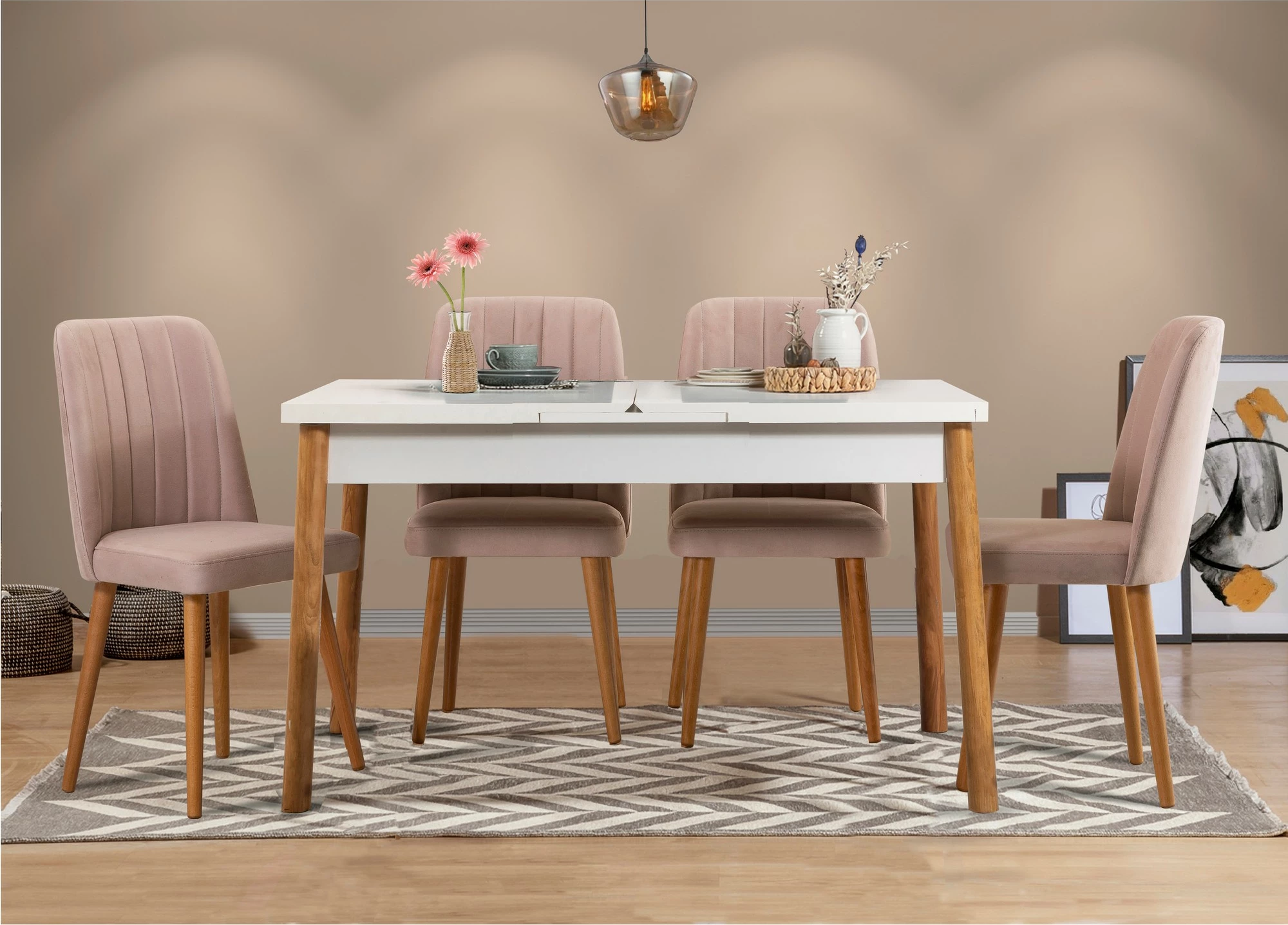 Raztegljiva jedilna miza z 4 stoli, 5-delni set, Skye Decor, barva beli kamen Santiago