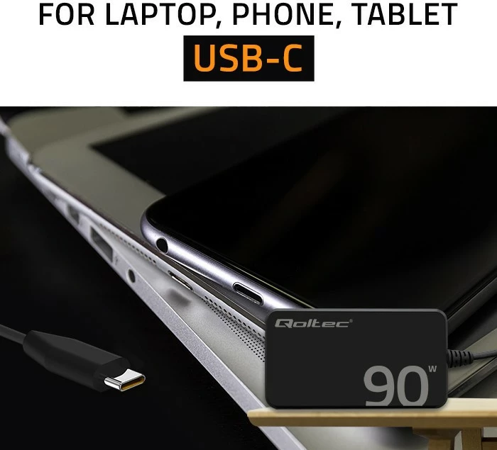 Stenski hitri polnilec 90W GaN, USB-C 3.1, s kablom, črn, Qoltec 52422