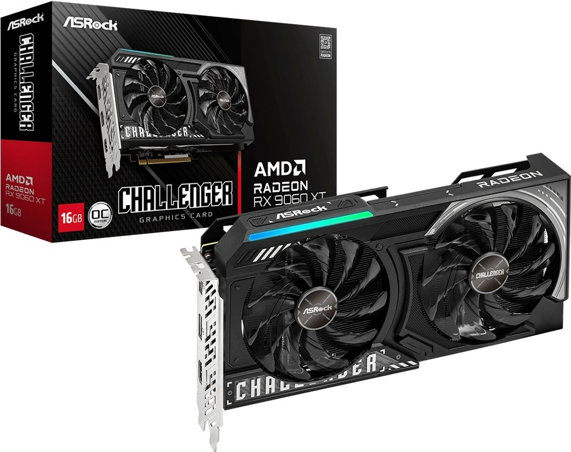 Grafična kartica Radeon RX 9060 XT Challenger ASRock, 16GB GDDR6, 128-bit, 2x ventilatorja, črna