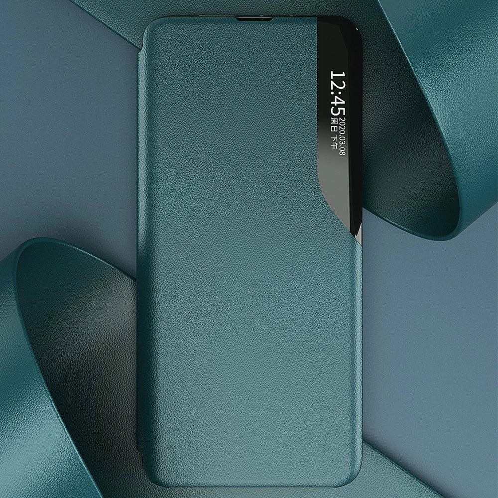 Ovitek za Samsung Galaxy A02s EU, Hurtel Eco Leather View Case, s pokrovom in stojalom, črn