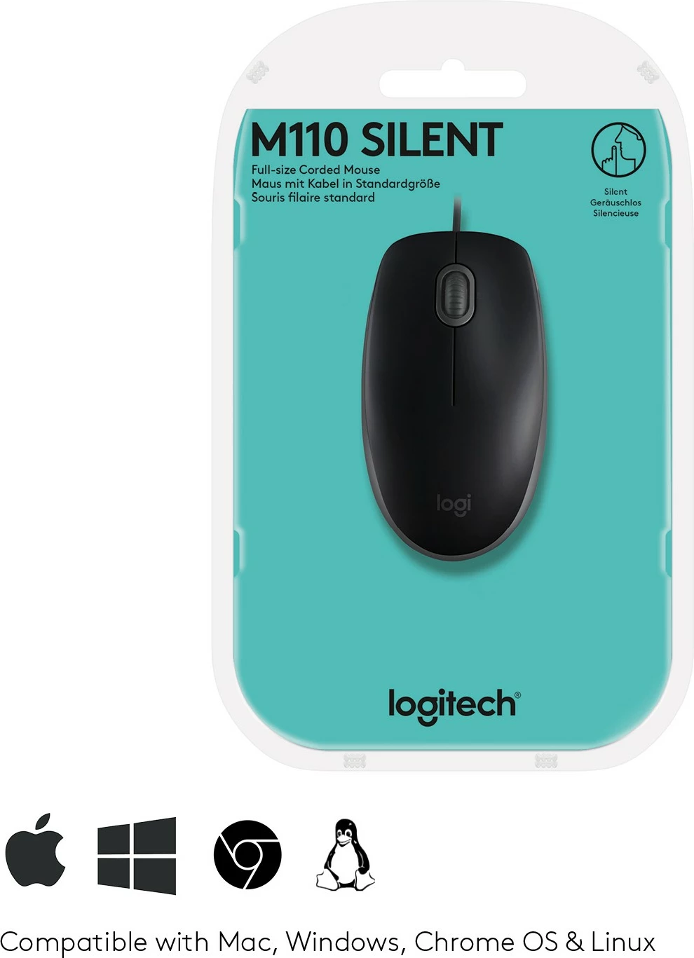 Optični miš, tiha Logitech M110, ambidekstralna, USB Type-A, 1000 DPI, črn