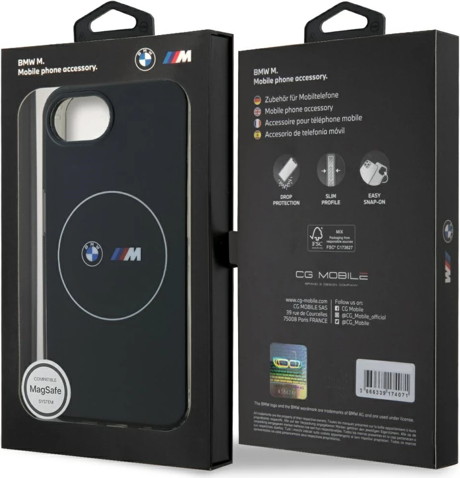 Zaščitni ovoj z belim krogom BMW IML MagSafe za iPhone 16e, črn