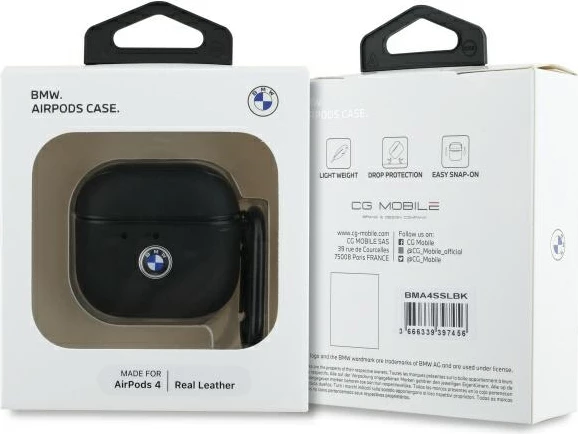 Ovitek za AirPods 4, naravno usnje, srebrn logotip, črn BMW BMA4SSLBK