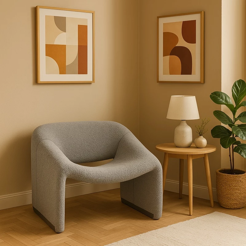 Fotel Clous, bouclé tkanina, svetlo siva, 86x77x73.5 cm