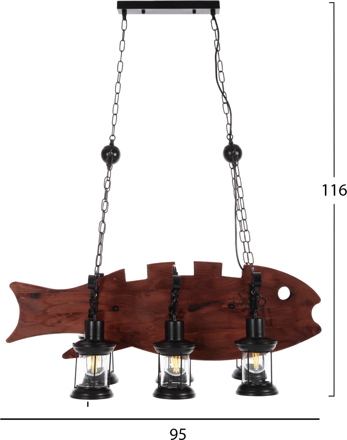 Stropna viseča svetilka s 6 lučmi FH4118 lesena riba-črna kovina-steklo 95x35x116H cm