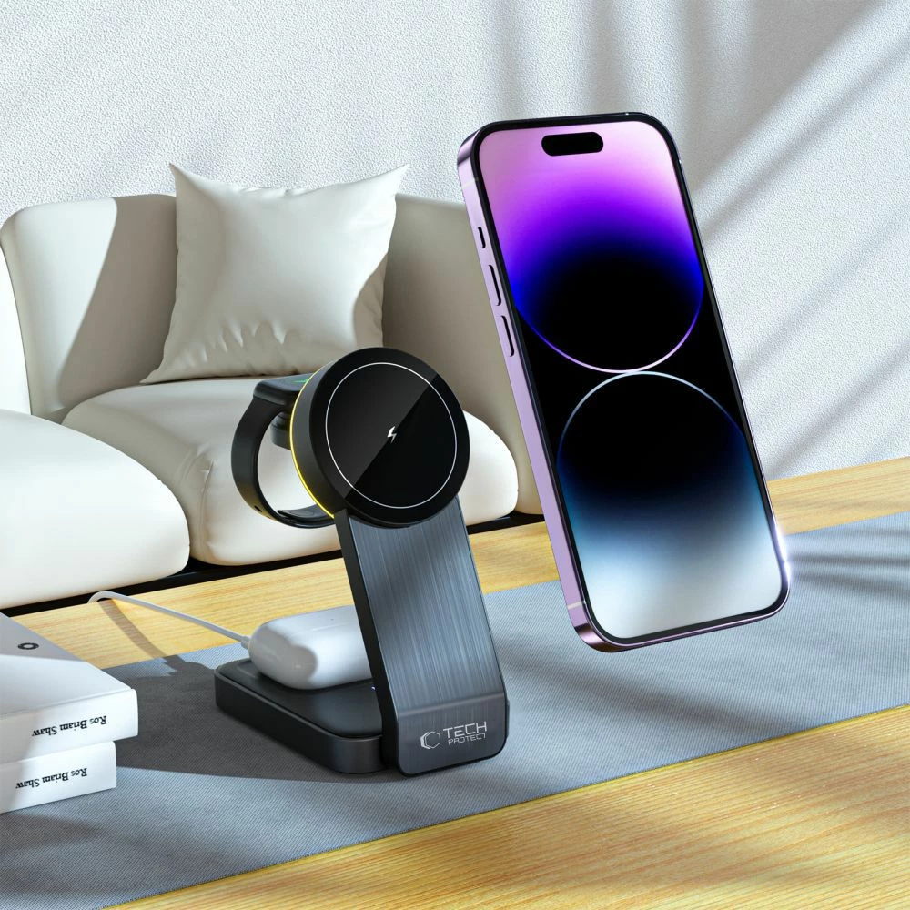 3-v-1 indukcijski polnilec za telefon, Apple Watch in AirPods Tech-Protect QI15W-A28, z MagSafe, črn