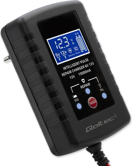 Avtomatski polnilec baterij, Qoltec 52426, 6V/12V, 2A, funkcija obnove, LED zaslon, črn