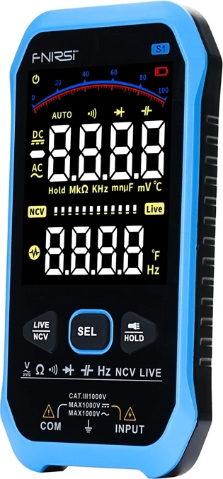 Multimeter FNIRSI S1, True RMS, barven VA-zaslon, samodejno območje, NCV, USB-C, polnilna baterija 1000 mAh, CAT III 1000 V, črno/moder