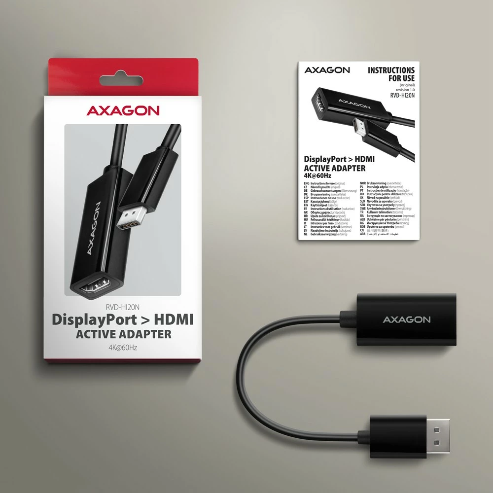 Aktivni adapter DisplayPort na HDMI, 4K/60Hz, 15 cm, črn, AXAGON RVD-HI20N