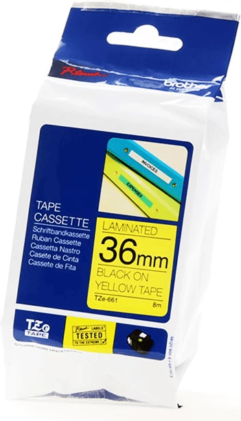 Laminiran trak za etikete 36 mm 8 m, Brother TZe-661, črno na rumeno