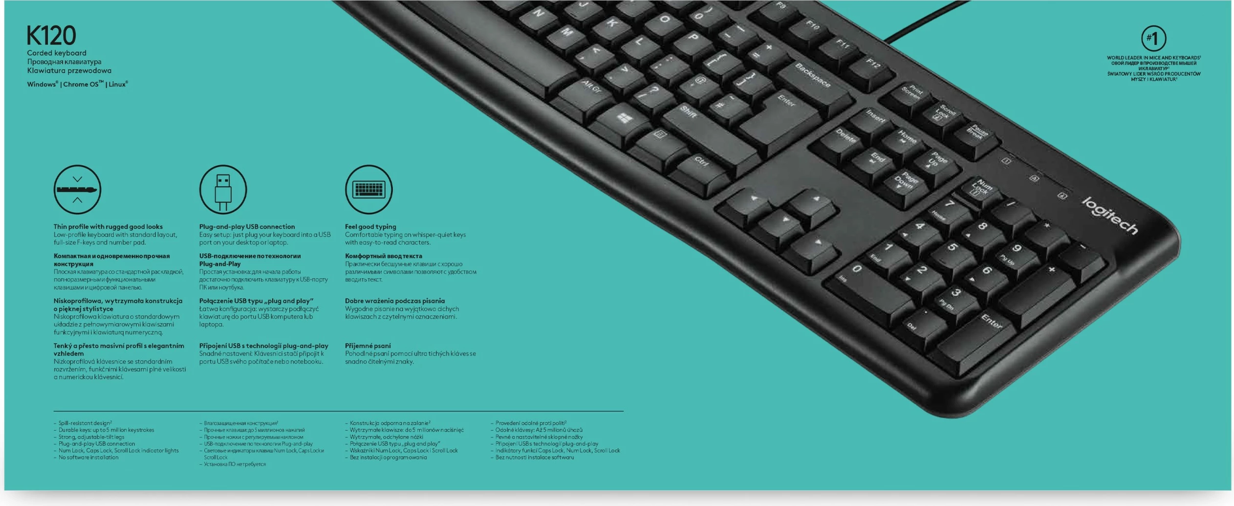 Polna tipkovnica Logitech K120 za poslovno rabo, žična, USB, AZERTY, črna