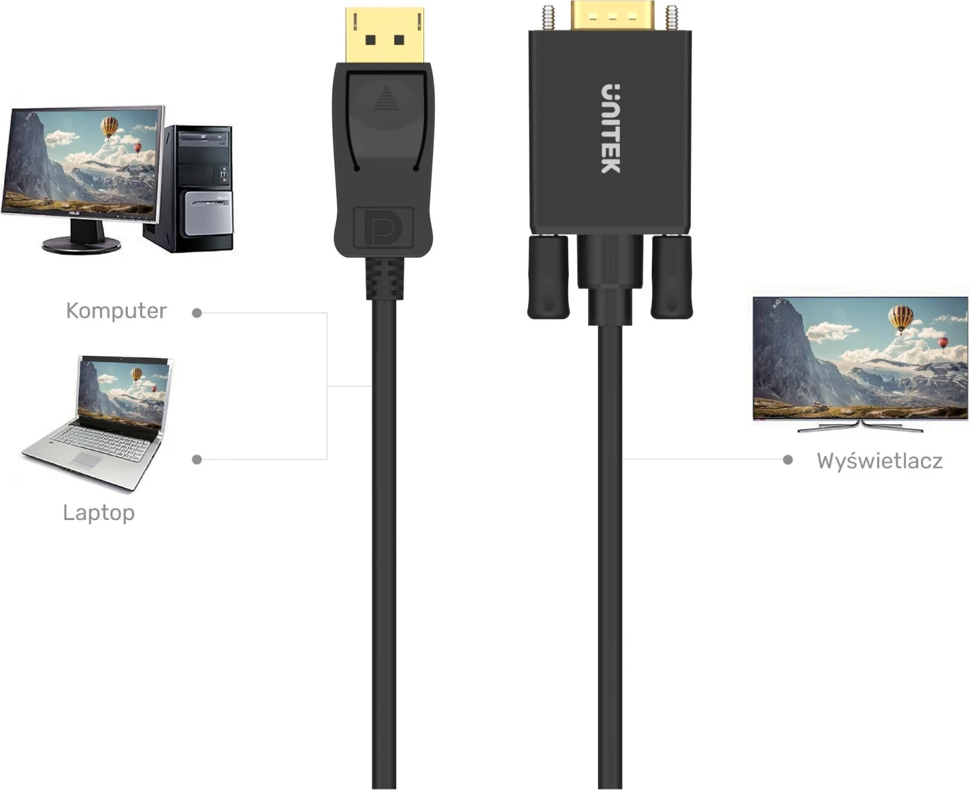 Adapter DisplayPort na VGA, 1,8 m, črn - Unitek