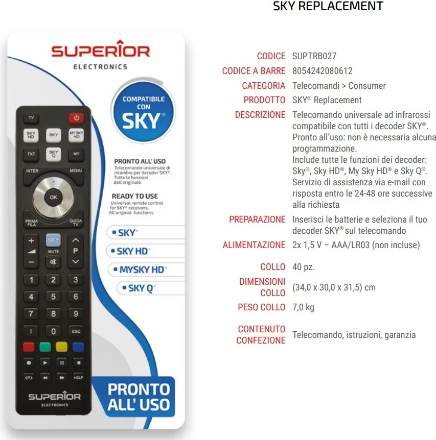 Univerzalni daljinski upravljalnik za dekoderje SKY, SKY HD, MYSKY HD, SKY Q Superior Electronics