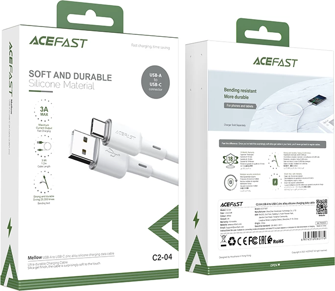 USB na USB Type-C kabel, 1,2 m, 3A, bel, Acefast C2-04