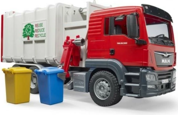 Smetiarski tovornjak z bočnim nalaganjem Bruder BR-03761, 1:16, rdeč/siv/črn