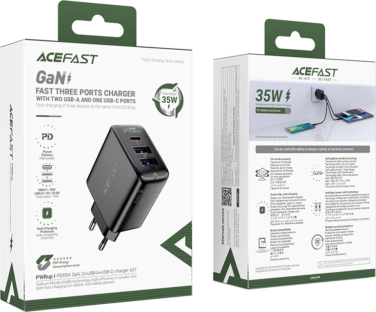35W polnilec Acefast A57, 3 vhodi (2x USB-A + USB-C), GaN, črn