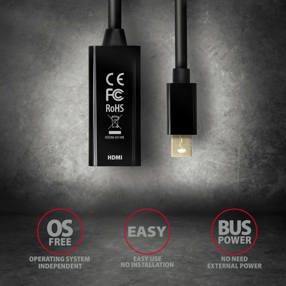 Aktivni adapter Mini DisplayPort na HDMI AXAGON RVDM-HI14N, 4K/30Hz, črn