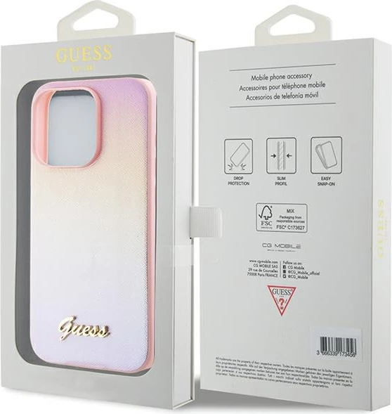Ovitek za telefon Saffiano Iridescent Script Guess za iPhone 14 Pro Max, rožnat