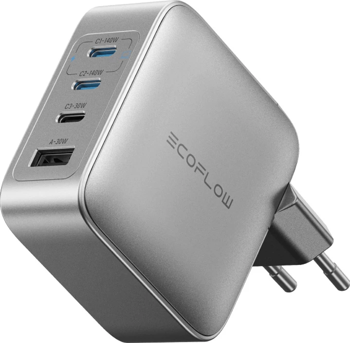Hitri polnilec 140W, 3× USB-C, 1× USB-A, GaN, siv — EcoFlow RAPID Pro