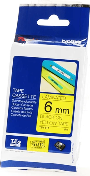 Laminiran etiketni trak 6 mm x 8 m, črno na rumeni, Brother TZe-611
