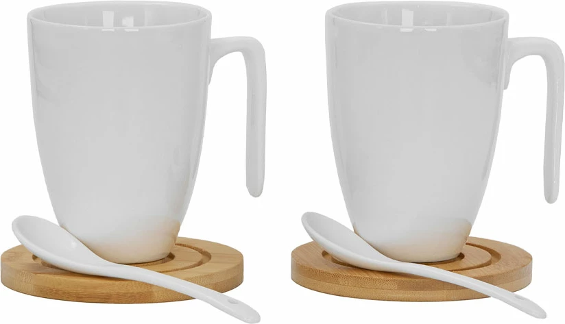 Komplet skodelic, 2 kosa, bel porcelan, naravni bambus, 22x22x8 cm Curve