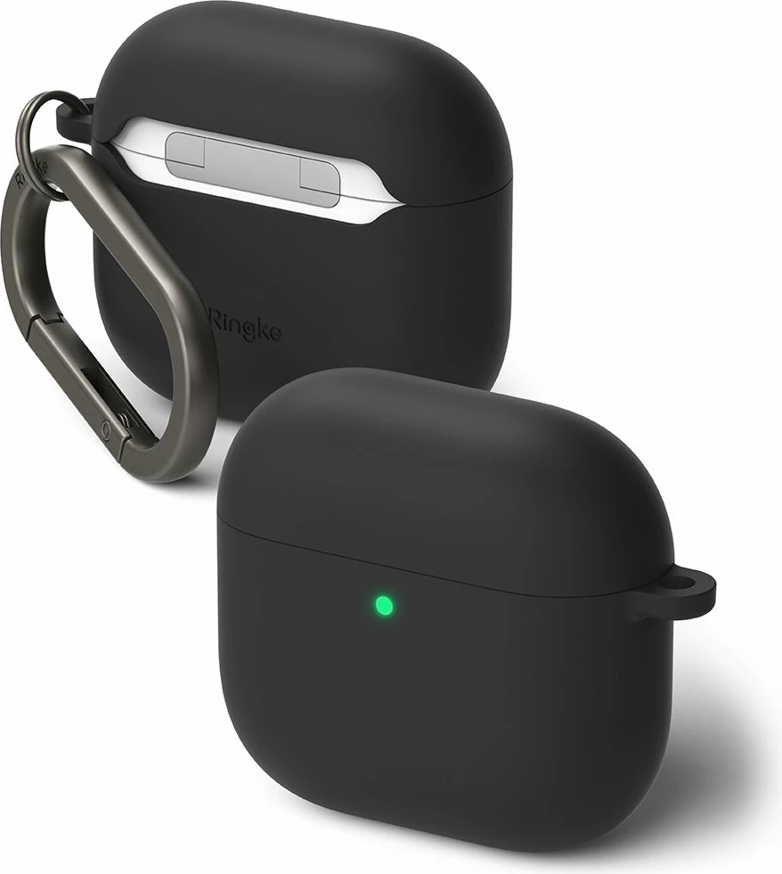 Silikonska zaščita Ringke za Apple AirPods 4, črna, s karabinom