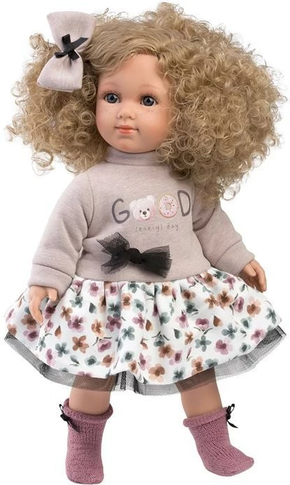 Lutka z obleko z rožicami Llorens Elena 35 cm, kodrasti lasje