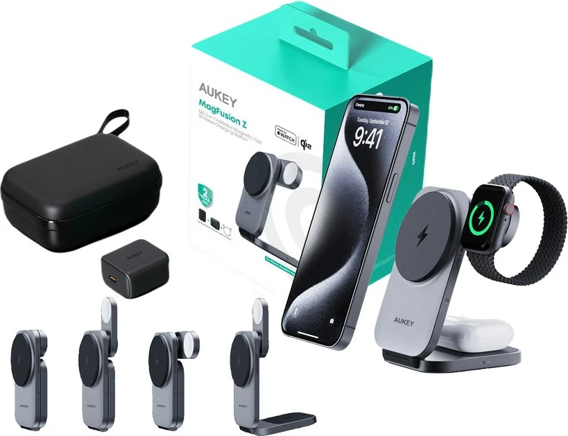 Brezžični 3-v-1 polnilec AUKEY LC-MC312 MagSafe Qi2, 15W + PD 30W, siv, s torbico za prenašanje