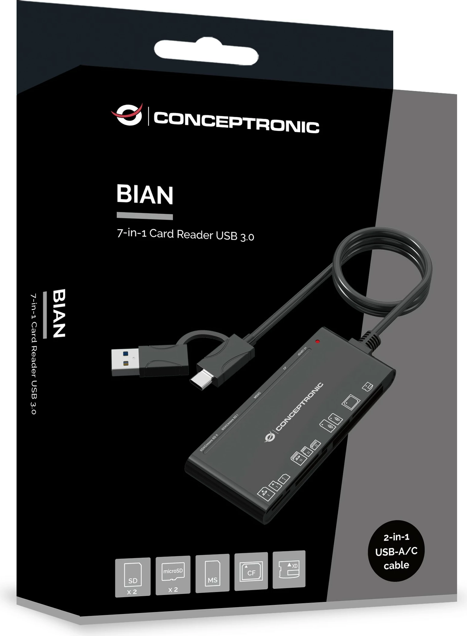 Bralnik kartic 7-v-1, USB-A/USB-C, črn Conceptronic