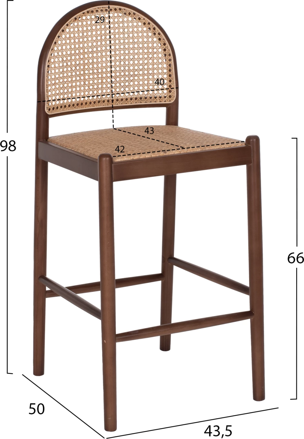 Barski stol iz bukovega lesa v barvi oreha in ratana, bež, polkrožno naslonjalo 46Χ48Χ94Hcm.FH9408.04