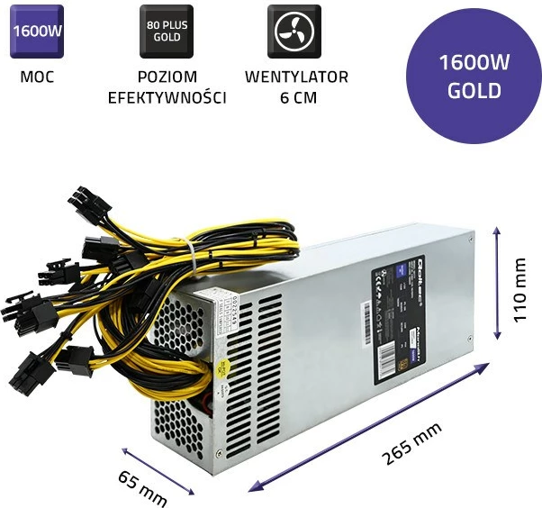 Napajalnik za računalnik 1600 W Qoltec 50177, 80 PLUS Gold, srebrn