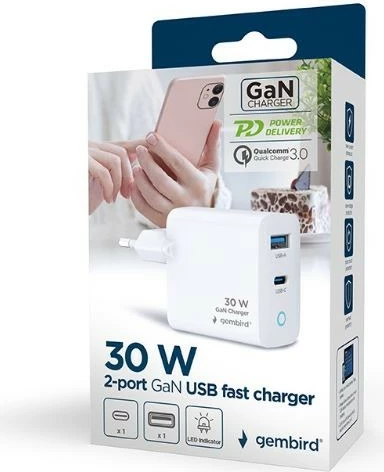 Stenski polnilec 30W, 2 vrata USB-A/USB-C, GaN, LED, PD in QC3.0 - Gembird TA-UC-PDQC30L-W-01, bel