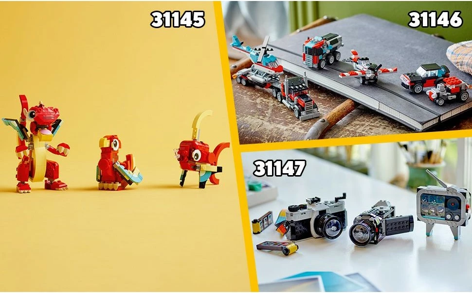 Set za gradnjo LEGO Creator 3 v 1, tovornjak s platformo in helikopter, 270 kosov, večbarven