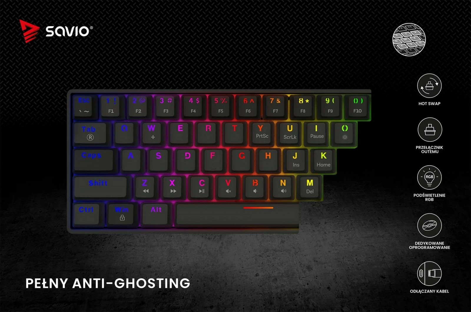 Mehanična tipkovnica 60% z ARGB osvetlitvijo, Savio Blackout X2, OUTEMU Red, črna