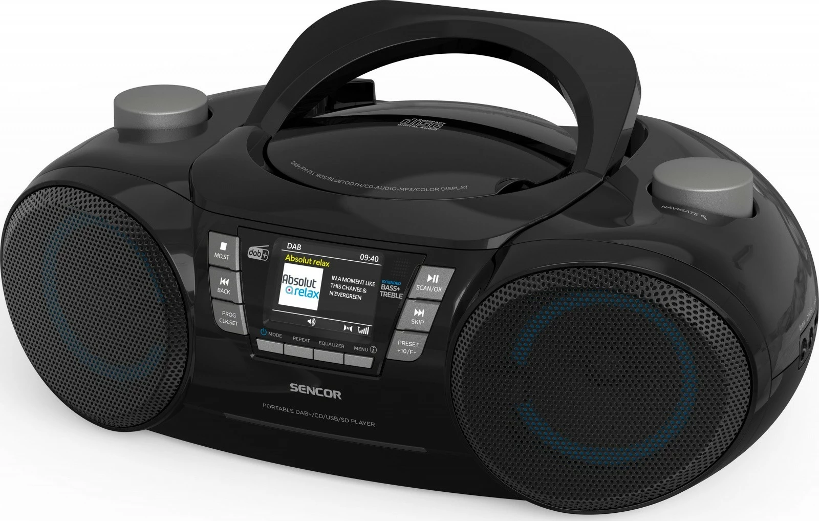 Prenosni boombox radio CD, Sencor SPT 6510DB, DAB+, Bluetooth 5.3, 16 W, LCD zaslon 2,4", črn