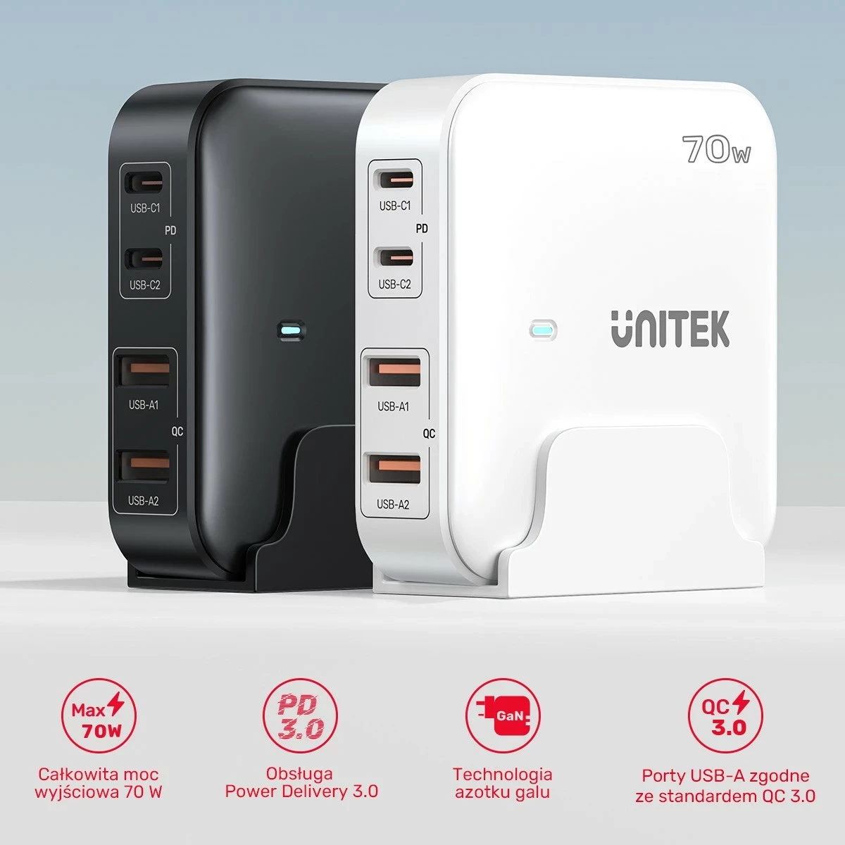 Močnikalni polnilec GaN 70W, 2x USB-A, 2x USB-C, bel Unitek