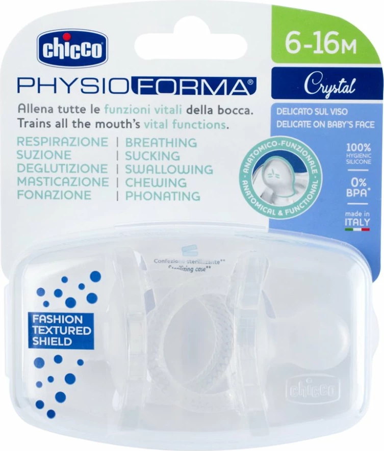 Smuček iz silikona PhysioForma Crystal Chicco, 6–16 mesecev, 2 kosa