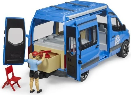 Igralski set kamper, BRUDER MB Sprinter BR-02684, z figurico bworld in kamping dodatki, odpirajoča se vrata in stranska drsna vrata, izvlečna tenda, plastika, modra
