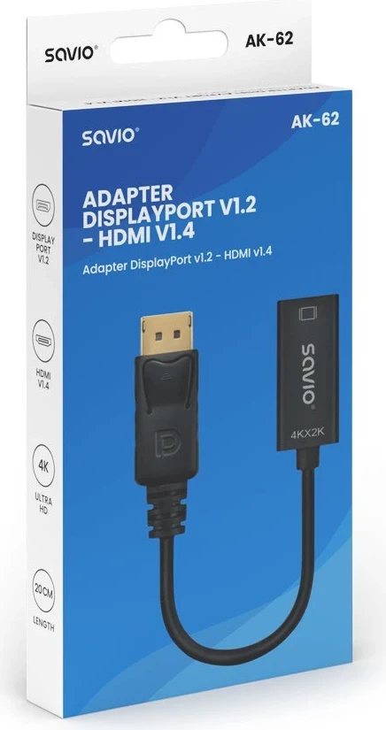 Adapter DisplayPort (moški) v1.2 - HDMI A (ženski) v1.4, 4K, Savio AK-62