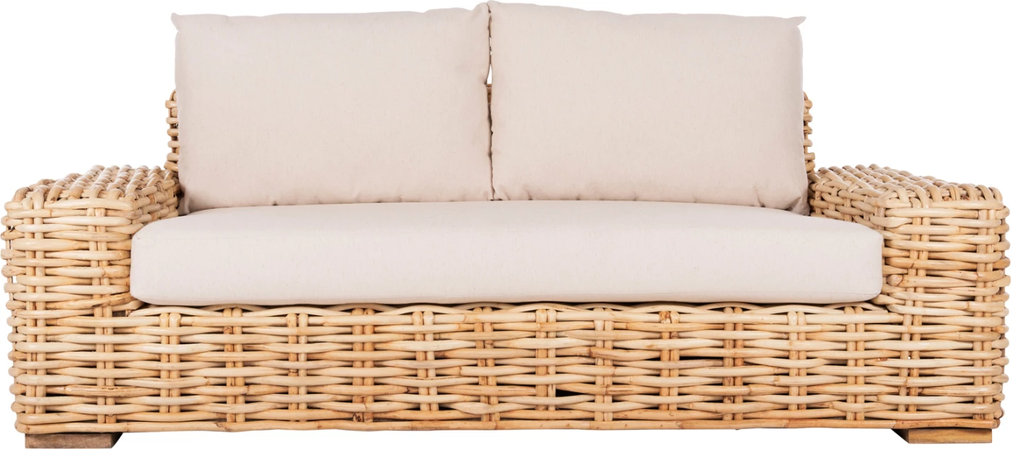 Zunanja dvosedna sedežna garnitura TROPEL FH9809 iz mangovega lesa in naravnega ratana z belimi blazinami 192x88x70-85H cm