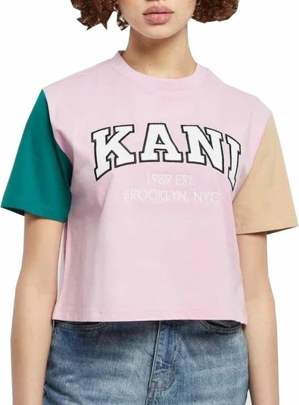 Kratka majica Serif Crop Block Tee W, Karl Kani, za ženske, rožnata in večbarvna