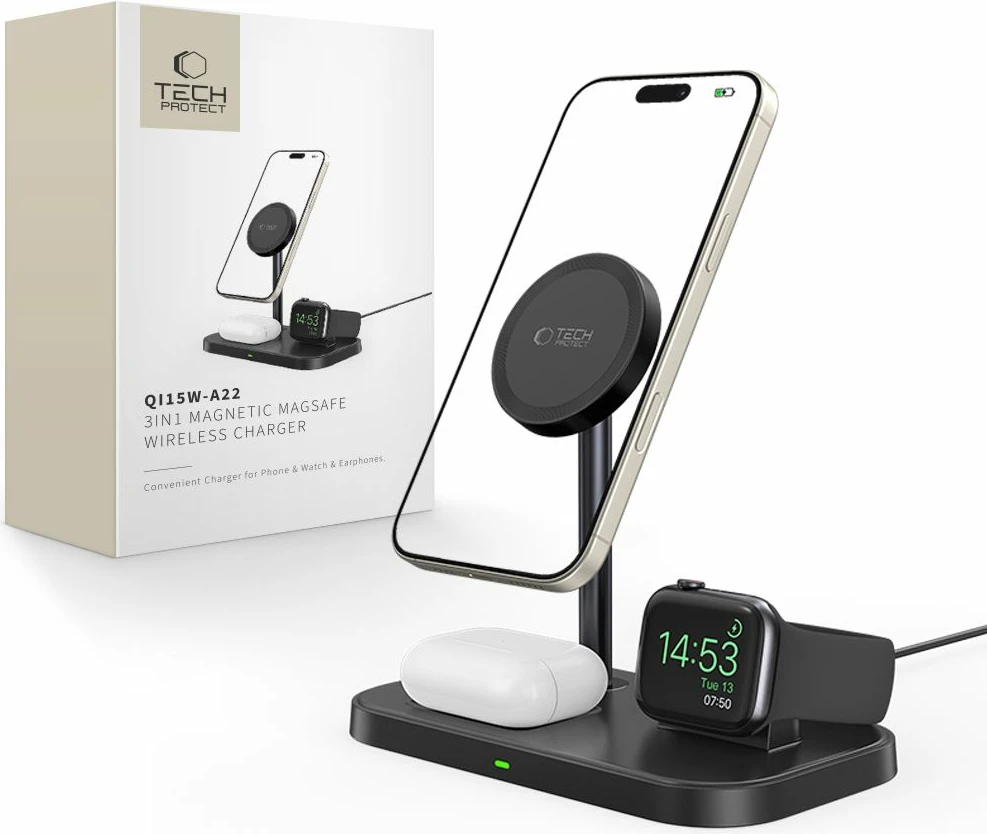 Indukcijski polnilnik 3-v-1 z MagSafe Tech-Protect QI15W-A22, za pametni telefon, Apple Watch in AirPods, črn