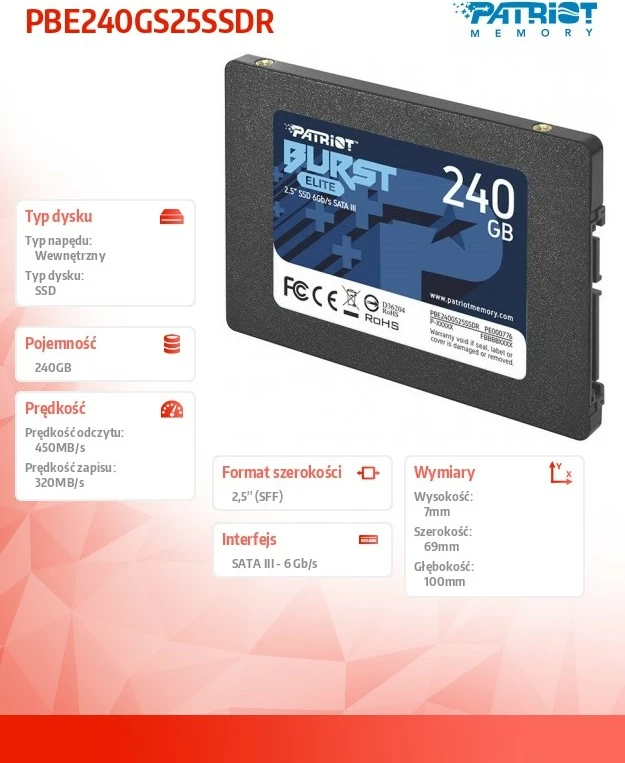 SSD 240GB, 2,5", SATA III, črn Patriot Burst Elite