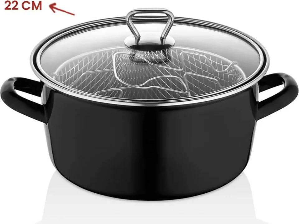 Emajliran lonec, Hermia, 22 cm, 3500 ml, črn, s steklenim pokrovom in inox košaro