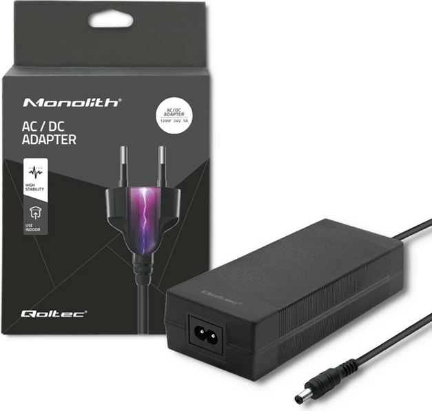 Namizni napajalnik Qoltec 50793, 72 W, 24 V, 3 A, 5,5 x 2,5 mm, z vžičeno kablem, črn