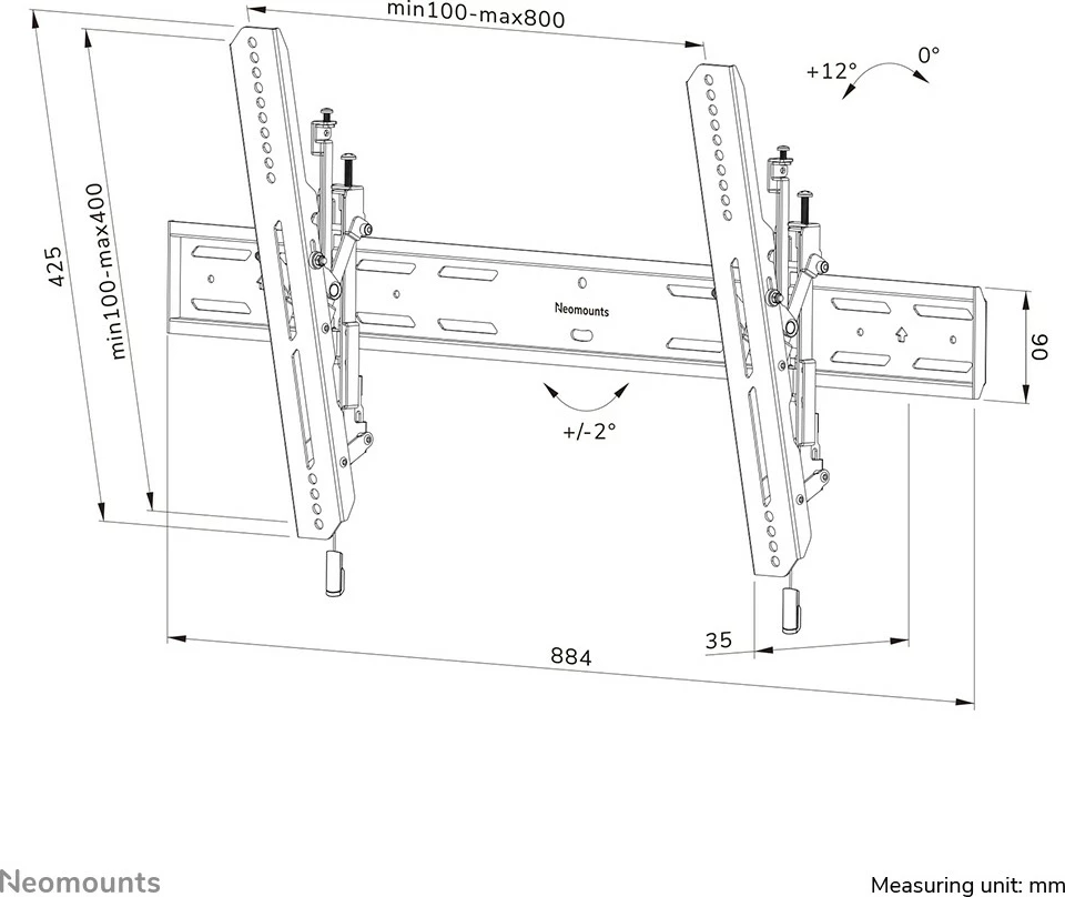 Stenski nosilec za TV Neomounts WL35S-850BL18, 2,18 m (86"), 100 x 100 mm, 800 x 400 mm, 0 - 12°, jeklo, črn